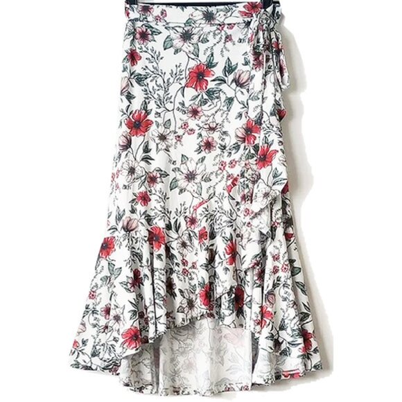 NWOT LuLaRoe Bella Flare Knit Jersey Wrap Tulip Skirt S White Floral - Picture 1 of 7